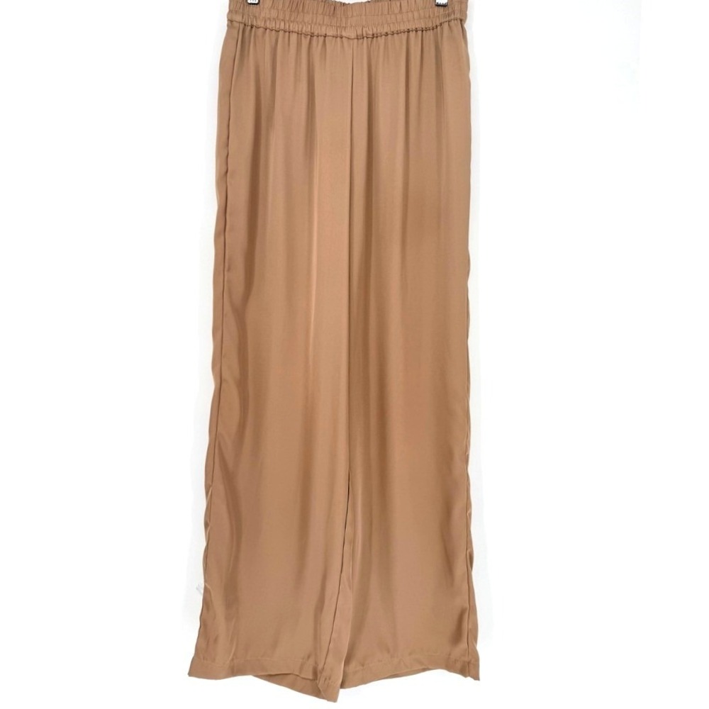 Satin‎ Womens Tan Wide Leg Flowy Pants Quiet Luxury Capsule Lightweight Small